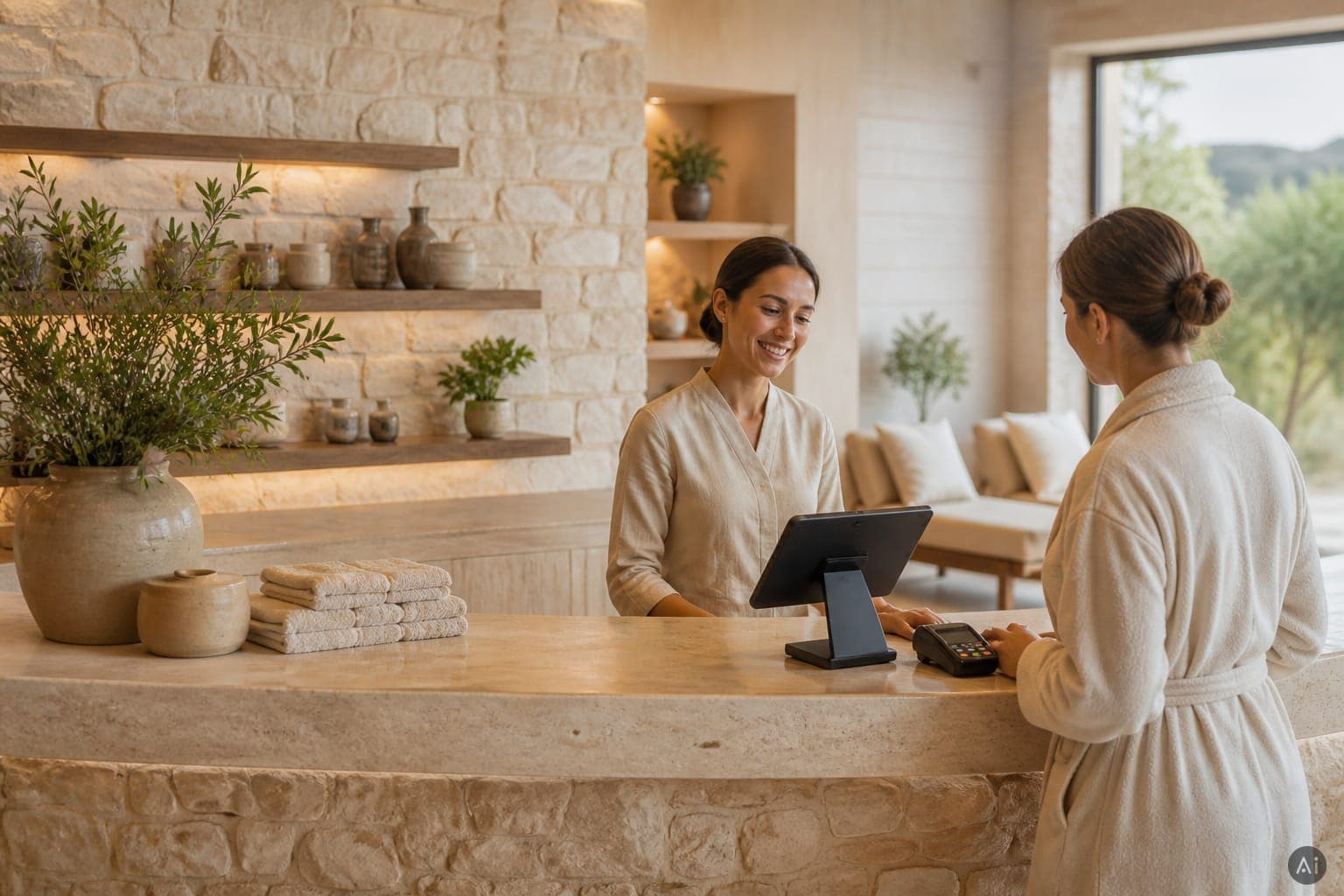 Spa-Empfang mit ruhiger Atmosphäre und digitaler Kasse. KI-generiertes Motiv, keine echte Aufnahme.