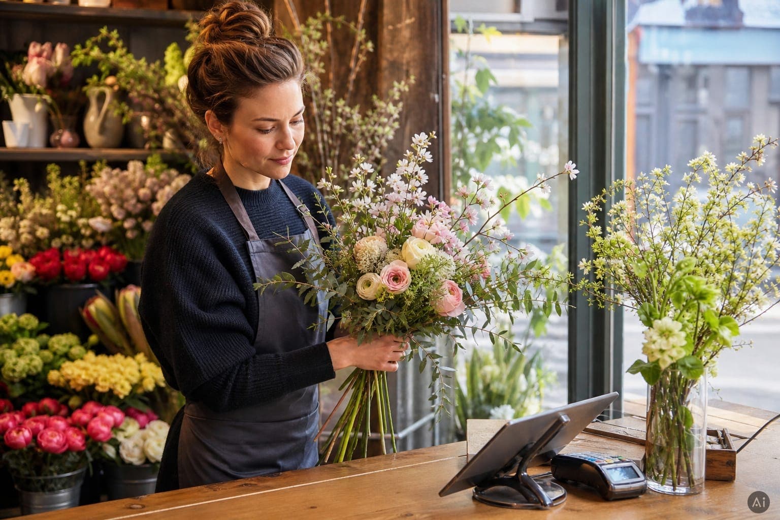 Blumenladen-Tresen mit Sträussen und Tablet-Kassensystem. KI-generiertes Motiv, keine echte Aufnahme.