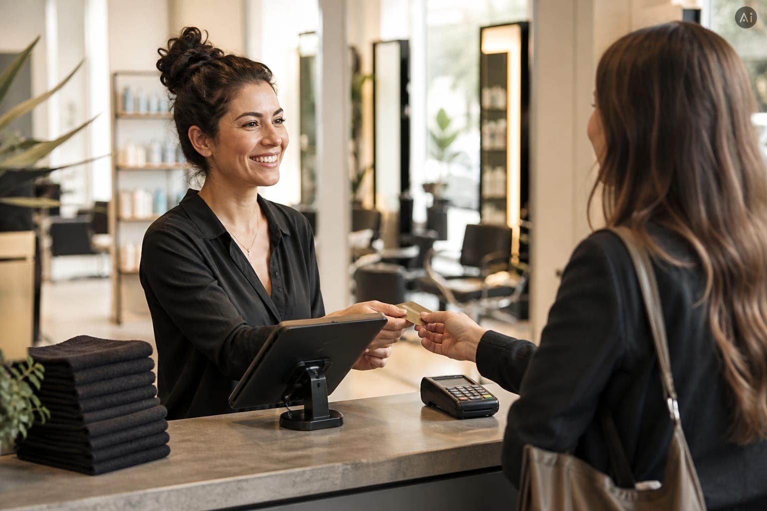Friseursalon-Empfang mit Kassensystem und Kundengespräch. KI-generiertes Motiv, keine echte Aufnahme.