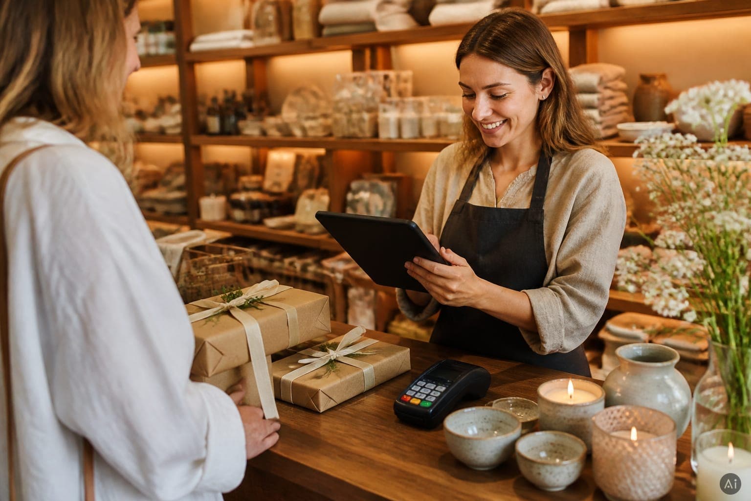 Geschenkladen-Theke mit eingepackter Ware und Tablet-Kasse. KI-generiertes Motiv, keine echte Aufnahme.