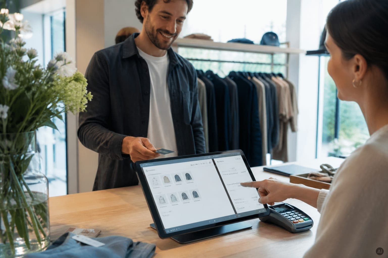 Vendli Kassensystem am Ladentresen – Tablet-POS in einer Boutique. KI-generiertes Motiv, keine echte Aufnahme.