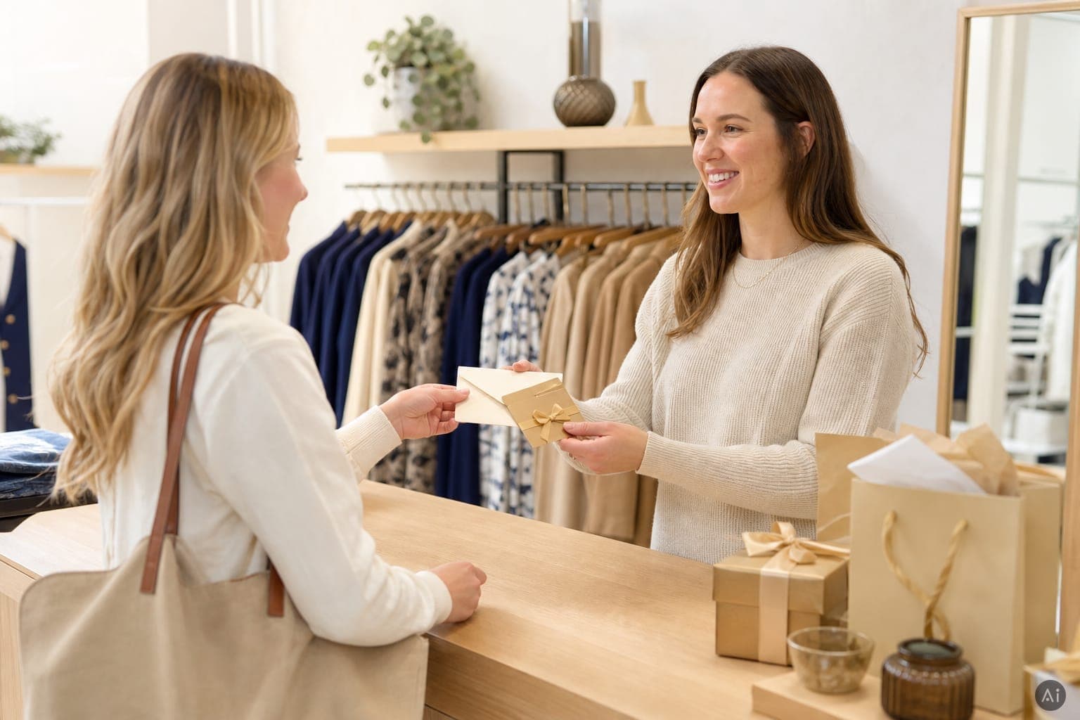 Geschenkgutschein-Übergabe am Boutique-Tresen mit Vendli. KI-generiertes Motiv, keine echte Aufnahme.