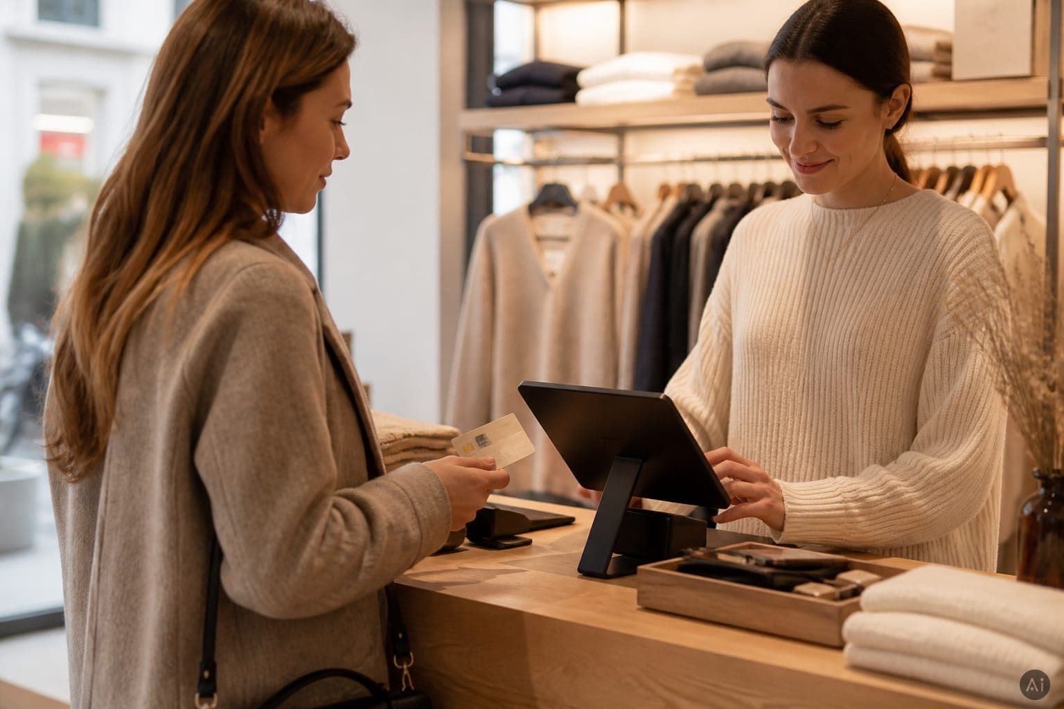 Vendli Kassensystem am Boutique-Tresen. Tablet POS im Browser mit SumUp Kartenzahlung. KI-generiertes Motiv, keine echte Aufnahme.