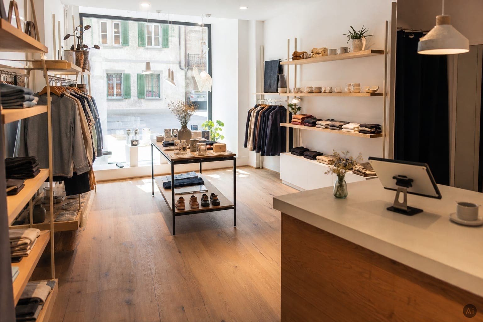 Einzelner Boutique-Laden mit Kasse. KI-generiertes Motiv, keine echte Aufnahme.