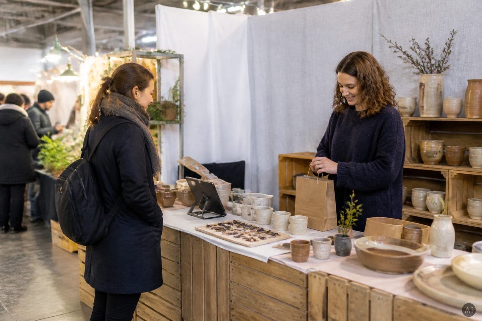 Pop-up-Stand auf einem Markt. KI-generiertes Motiv, keine echte Aufnahme.